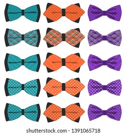 Illustration on theme big colored set ribbon different types, bow tie various size. Ribbon pattern consisting of collection textile garments bow tie for beauty. Bow tie is accessory fun man in ribbon.