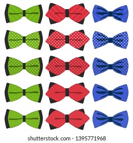 Illustration on theme big colored set ribbon different types, bow tie various size. Ribbon pattern consisting of collection textile garments bow tie for beauty. Bow tie is accessory fun man in ribbon.