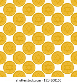 Illustration on theme big colored pattern Hanukkah, seamless set yellow coin. Seamless pattern consisting of collection round coin, accessory holiday Hanukkah. Seamless Hanukkah, pattern in old coin.