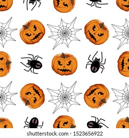 Illustration on theme big colored pattern Halloween, seamless orange pumpkin. Seamless pattern consisting of collection pumpkin, accessory at Halloween. Rare pattern Halloween from seamless pumpkin.