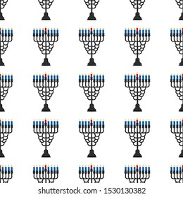 Illustration on theme big colored pattern Hanukkah, seamless set menorah. Seamless pattern consisting of collection menorah, accessory holiday Hanukkah. Seamless Hanukkah, pattern in old menorah.