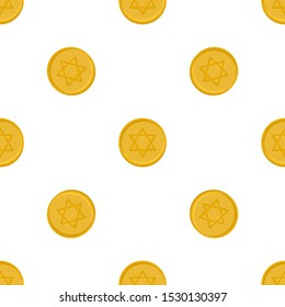 Illustration on theme big colored pattern Hanukkah, seamless set yellow coin. Seamless pattern consisting of collection round coin, accessory holiday Hanukkah. Seamless Hanukkah, pattern in old coin.