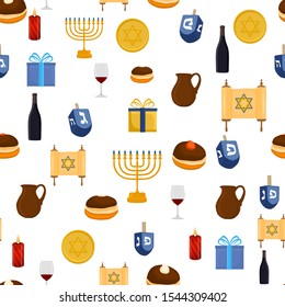 Illustration on theme big colored pattern Hanukkah, seamless set clay jug. Seamless pattern consisting of collection jug liquid oil, accessory holiday Hanukkah. Seamless Hanukkah, pattern in old jug.