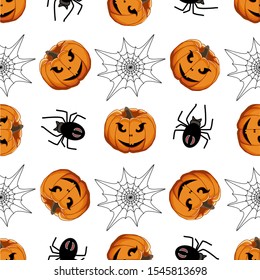 Illustration on theme big colored pattern Halloween, seamless orange pumpkin. Seamless pattern consisting of collection pumpkin, accessory at Halloween. Rare pattern Halloween from seamless pumpkin.