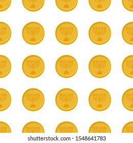 Illustration on theme big colored pattern Hanukkah, seamless set menorah. Seamless pattern consisting of collection menorah, accessory holiday Hanukkah. Seamless Hanukkah, pattern in old menorah.