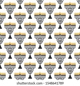 Illustration on theme big colored pattern Hanukkah, seamless set menorah. Seamless pattern consisting of collection menorah, accessory holiday Hanukkah. Seamless Hanukkah, pattern in old menorah.