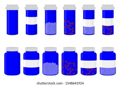 Illustration on theme big colored set different types of pills inside close jar. Pill pattern consisting of collection jars with quality control closed cap. Plastic jar open for drink laboratory pill