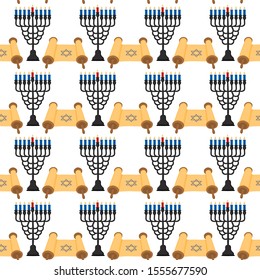 Illustration on theme big colored pattern Hanukkah, seamless set menorah. Seamless pattern consisting of collection menorah, accessory holiday Hanukkah. Seamless Hanukkah, pattern in old menorah.