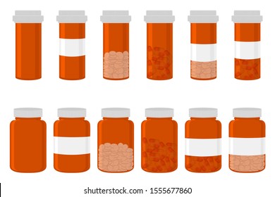 Illustration on theme big colored set different types of pills inside close jar. Pill pattern consisting of collection jars with quality control closed cap. Plastic jar open for drink laboratory pill