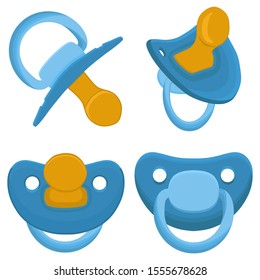 Illustration on theme big colored set baby pacifiers, dummy with rubber nipple. Baby pacifiers consisting of collection to newborn, good dummy nipple. Dummy nipple in pacifiers it baby care equipment.