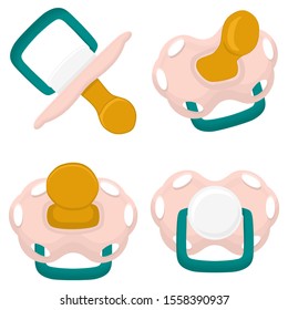 Illustration on theme big colored set baby pacifiers, dummy with rubber nipple. Baby pacifiers consisting of collection to newborn, good dummy nipple. Dummy nipple in pacifiers it baby care equipment.