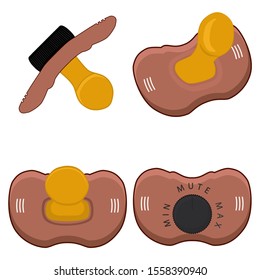Illustration on theme big colored set baby pacifiers, dummy with rubber nipple. Baby pacifiers consisting of collection to newborn, good dummy nipple. Dummy nipple in pacifiers it baby care equipment.