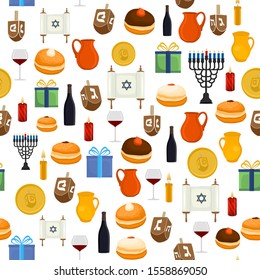 Illustration on theme big colored pattern Hanukkah, seamless set clay jug. Seamless pattern consisting of collection jug liquid oil, accessory holiday Hanukkah. Seamless Hanukkah, pattern in old jug.