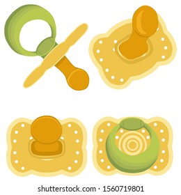 Illustration on theme big colored set baby pacifiers, dummy with rubber nipple. Baby pacifiers consisting of collection to newborn, good dummy nipple. Dummy nipple in pacifiers it baby care equipment.