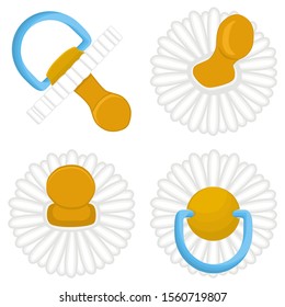 Illustration on theme big colored set baby pacifiers, dummy with rubber nipple. Baby pacifiers consisting of collection to newborn, good dummy nipple. Dummy nipple in pacifiers it baby care equipment.