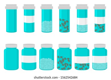 Illustration on theme big colored set different types of pills inside close jar. Pill pattern consisting of collection jars with quality control closed cap. Plastic jar open for drink laboratory pill