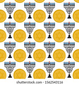 Illustration on theme big colored pattern Hanukkah, seamless set menorah. Seamless pattern consisting of collection menorah, accessory holiday Hanukkah. Seamless Hanukkah, pattern in old menorah.