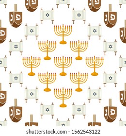 Illustration on theme big colored pattern Hanukkah, seamless set menorah. Seamless pattern consisting of collection menorah, accessory holiday Hanukkah. Seamless Hanukkah, pattern in old menorah.