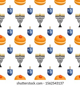 Illustration on theme big colored pattern Hanukkah, seamless tasty donut. Seamless pattern consisting of collection yummy donut, accessory holiday Hanukkah. Seamless Hanukkah, pattern in nice donut.