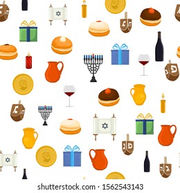 Illustration on theme big colored pattern Hanukkah, seamless set clay jug. Seamless pattern consisting of collection jug liquid oil, accessory holiday Hanukkah. Seamless Hanukkah, pattern in old jug.
