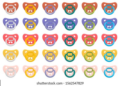 Illustration on theme big colored set baby pacifiers, dummy with rubber nipple. Baby pacifiers consisting of collection to newborn, good dummy nipple. Dummy nipple in pacifiers it baby care equipment.
