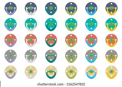 Illustration on theme big colored set baby pacifiers, dummy with rubber nipple. Baby pacifiers consisting of collection to newborn, good dummy nipple. Dummy nipple in pacifiers it baby care equipment.