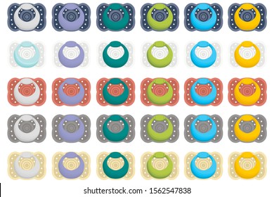 Illustration on theme big colored set baby pacifiers, dummy with rubber nipple. Baby pacifiers consisting of collection to newborn, good dummy nipple. Dummy nipple in pacifiers it baby care equipment.