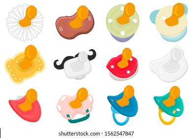Illustration on theme big colored set baby pacifiers, dummy with rubber nipple. Baby pacifiers consisting of collection to newborn, good dummy nipple. Dummy nipple in pacifiers it baby care equipment.