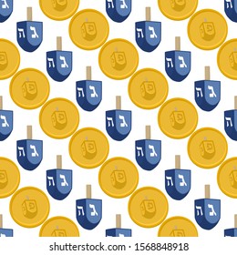 Illustration on theme big colored pattern Hanukkah, seamless set dreidel. Seamless pattern consisting of collection dreidel, accessory holiday Hanukkah. Seamless Hanukkah, pattern in old dreidel.