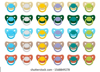 Illustration on theme big colored set baby pacifiers, dummy with rubber nipple. Baby pacifiers consisting of collection to newborn, good dummy nipple. Dummy nipple in pacifiers it baby care equipment.
