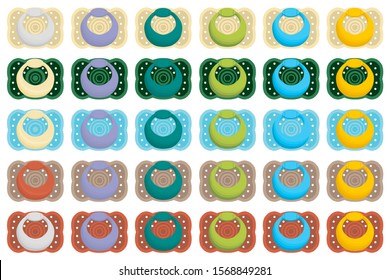 Illustration on theme big colored set baby pacifiers, dummy with rubber nipple. Baby pacifiers consisting of collection to newborn, good dummy nipple. Dummy nipple in pacifiers it baby care equipment.