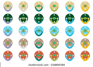 Illustration on theme big colored set baby pacifiers, dummy with rubber nipple. Baby pacifiers consisting of collection to newborn, good dummy nipple. Dummy nipple in pacifiers it baby care equipment.