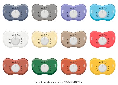 Illustration on theme big colored set baby pacifiers, dummy with rubber nipple. Baby pacifiers consisting of collection to newborn, good dummy nipple. Dummy nipple in pacifiers it baby care equipment.