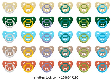 Illustration on theme big colored set baby pacifiers, dummy with rubber nipple. Baby pacifiers consisting of collection to newborn, good dummy nipple. Dummy nipple in pacifiers it baby care equipment.