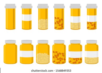 Illustration on theme big colored set different types of pills inside close jar. Pill pattern consisting of collection jars with quality control closed cap. Plastic jar open for drink laboratory pill