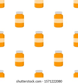 Illustration on theme big colored set different types of pills inside close jar. Pill pattern consisting of collection jars with quality control closed cap. Plastic jar open for drink laboratory pill.