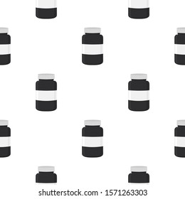Illustration on theme big colored set different types of pills inside close jar. Pill pattern consisting of collection jars with quality control closed cap. Plastic jar open for drink laboratory pill.