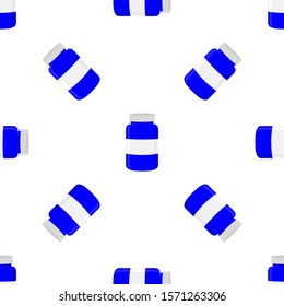 Illustration on theme big colored set different types of pills inside close jar. Pill pattern consisting of collection jars with quality control closed cap. Plastic jar open for drink laboratory pill.