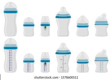 Illustration on theme big colored kit baby milk in bottle with rubber pacifier. Baby milk bottle consisting of collection to newborn, good pacifier. Pacifier in milk baby bottle it baby care equipment