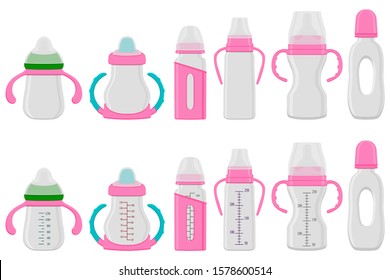 Illustration on theme big colored kit baby milk in bottle with rubber pacifier. Baby milk bottle consisting of collection to newborn, good pacifier. Pacifier in milk baby bottle it baby care equipment