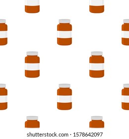 Illustration on theme big colored set different types of pills inside close jar. Pill pattern consisting of collection jars with quality control closed cap. Plastic jar open for drink laboratory pill.
