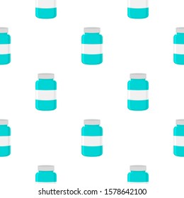 Illustration on theme big colored set different types of pills inside close jar. Pill pattern consisting of collection jars with quality control closed cap. Plastic jar open for drink laboratory pill.