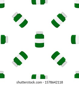 Illustration on theme big colored set different types of pills inside close jar. Pill pattern consisting of collection jars with quality control closed cap. Plastic jar open for drink laboratory pill.