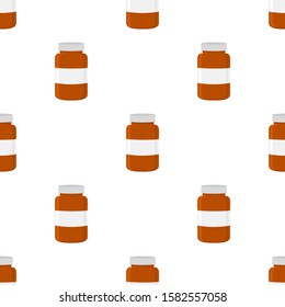 Illustration on theme big colored set different types of pills inside close jar. Pill pattern consisting of collection jars with quality control closed cap. Plastic jar open for drink laboratory pill.
