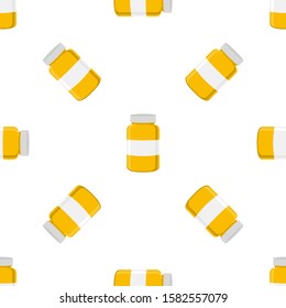 Illustration on theme big colored set different types of pills inside close jar. Pill pattern consisting of collection jars with quality control closed cap. Plastic jar open for drink laboratory pill.