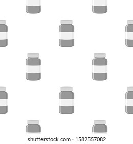 Illustration on theme big colored set different types of pills inside close jar. Pill pattern consisting of collection jars with quality control closed cap. Plastic jar open for drink laboratory pill.