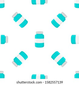 Illustration on theme big colored set different types of pills inside close jar. Pill pattern consisting of collection jars with quality control closed cap. Plastic jar open for drink laboratory pill.