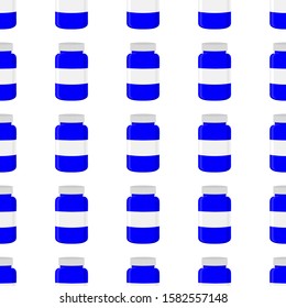 Illustration on theme big colored set different types of pills inside close jar. Pill pattern consisting of collection jars with quality control closed cap. Plastic jar open for drink laboratory pill.