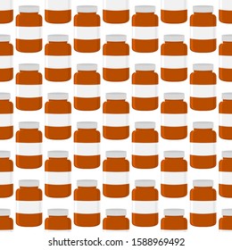 Illustration on theme big colored set different types of pills inside close jar. Pill pattern consisting of collection jars with quality control closed cap. Plastic jar open for drink laboratory pill.