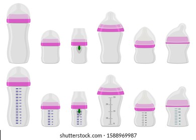 Illustration on theme big colored kit baby milk in bottle with rubber pacifier. Baby milk bottle consisting of collection to newborn, good pacifier. Pacifier in milk baby bottle it baby care equipment